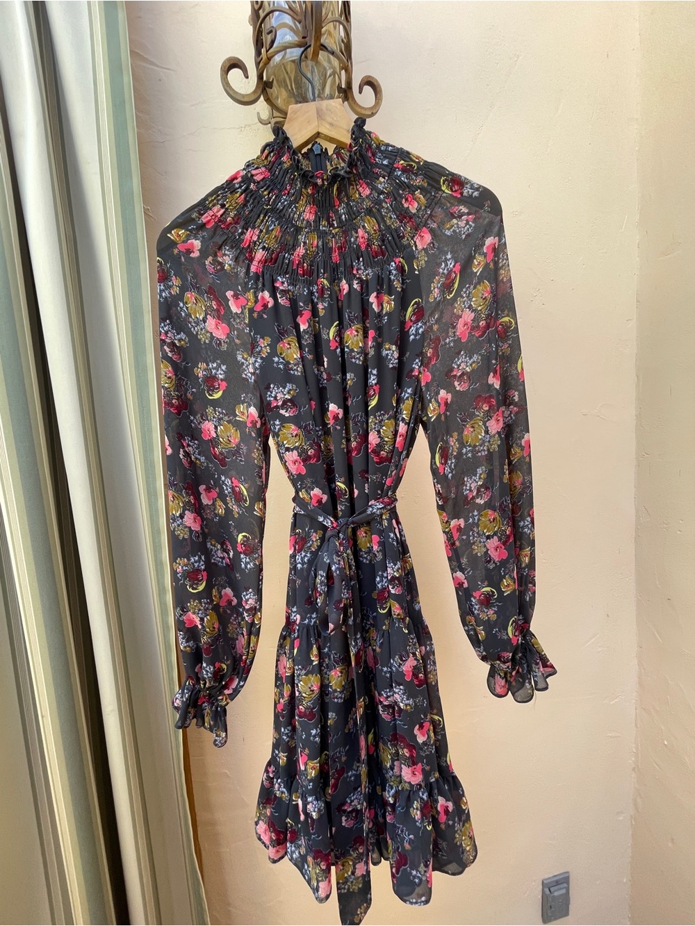 cinq à sept dark grey Long-Sleeve Floral Smocked-Neck Dress with Pink Accents